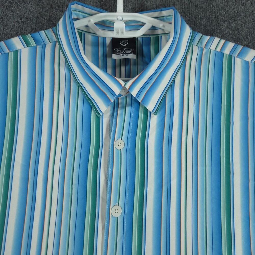 Nike Golf Shirt Short Sleeve Button Down Blue Green Striped Mens L Retro Vintage